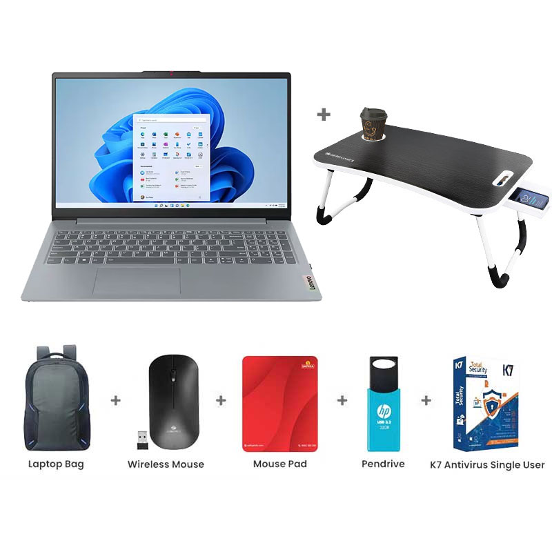 Picture of Lenovo IdeaPad Slim 3 - Intel Core i7-13620H 15.6" (39.62 cm) 83EM00GYIN Thin & Light Laptop (16GB/ 512GB SSD/ Full HD Display/ Camera Privacy Shutter/ Anti-glare/ Intel UHD Graphics/ Windows 11 Home/ MS Office 2024/ Backlit/ 1Year Warranty/ Arctic Grey/ 1.62Kg)  with Laptop Table + Laptop Bag + Wireless Mouse + Mouse Pad + Pendrive + K7 Antivirus Single User